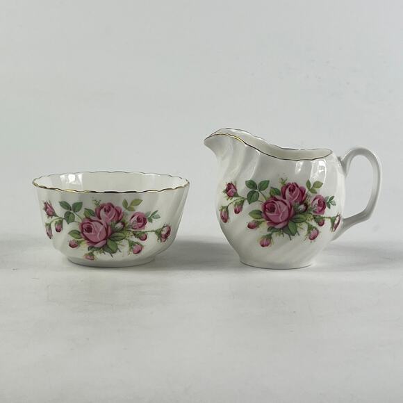 Adderley Bone China Creamer Sugar Bowl Set Pink Rose Floral England 1950s - Picture 3 of 13